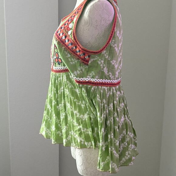 Indigo Moon Green Mirror Embroidered Festival Boho Top Medium Sleeveless Cotton - Picture 5 of 13